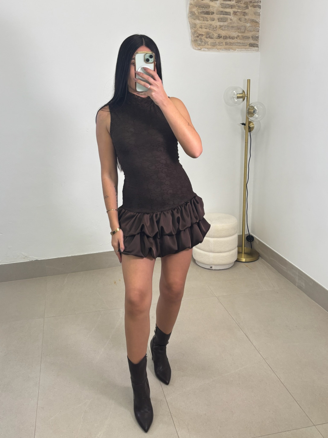 Vestido globo encaje marron