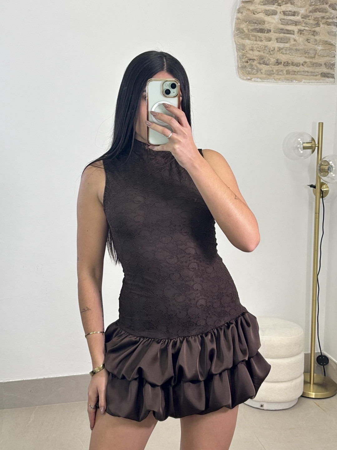 Vestido globo encaje marron