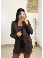 vestido brillo encaje pluma marron