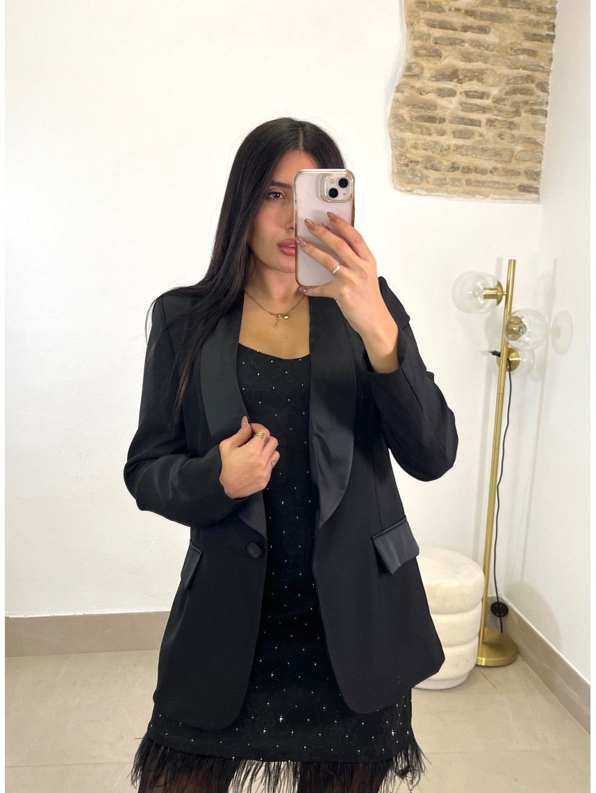 vestido brillo encaje pluma negro