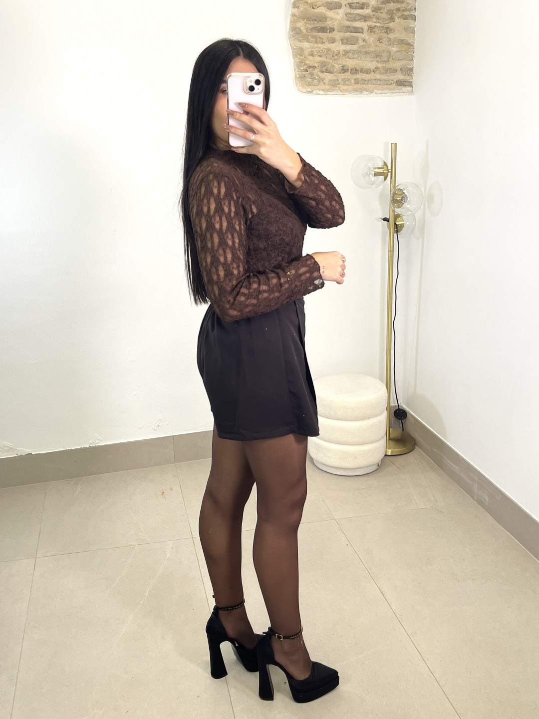 falda pantalón brillo chocolate