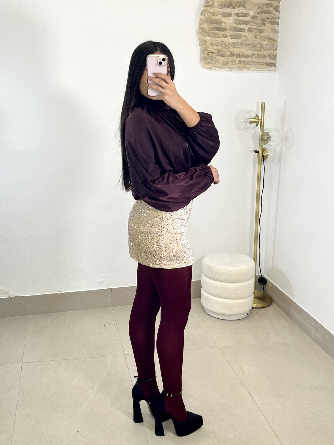 falda pantalón lentejuela beige