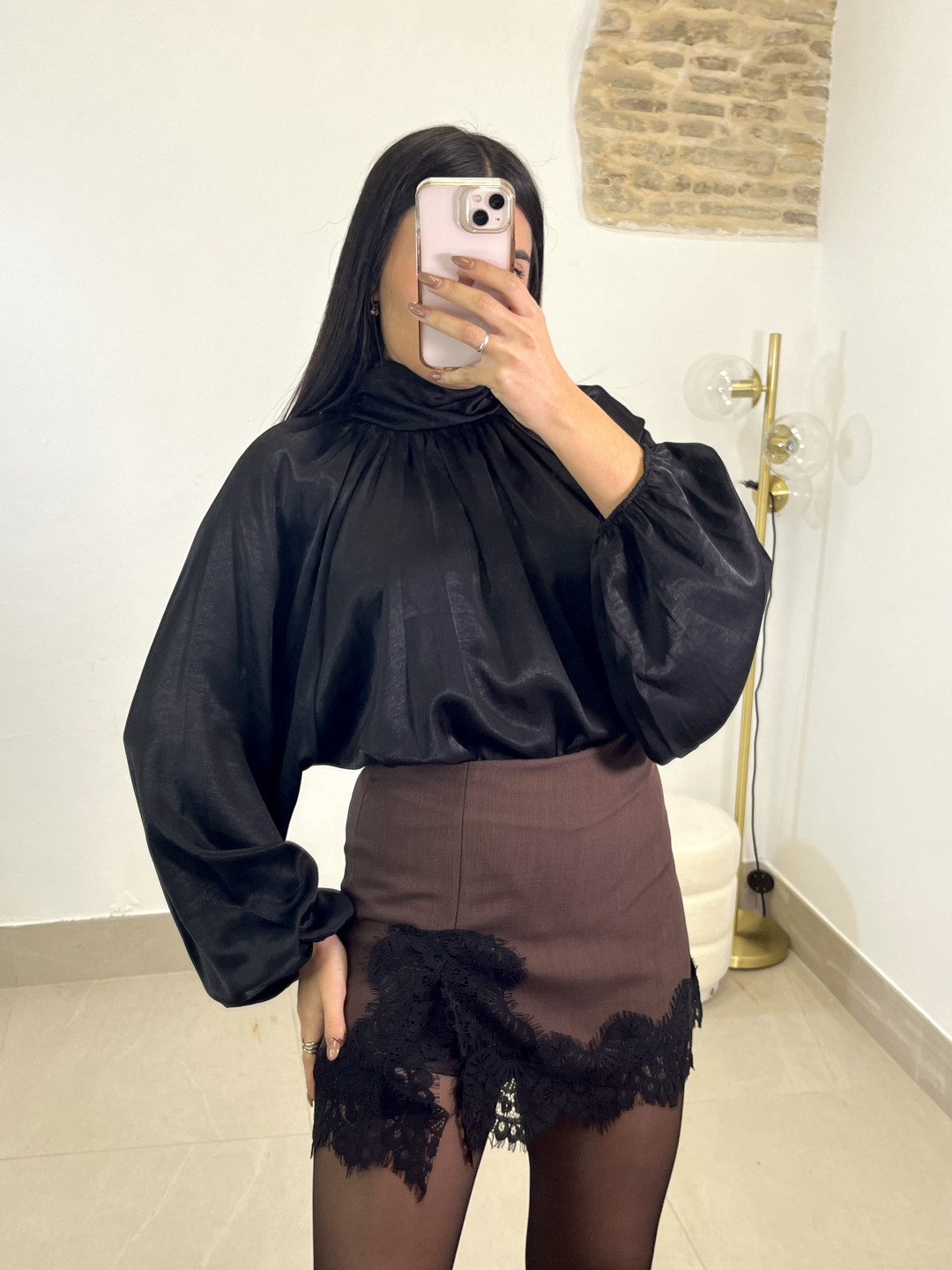 falda pantalón detalle encaje marron