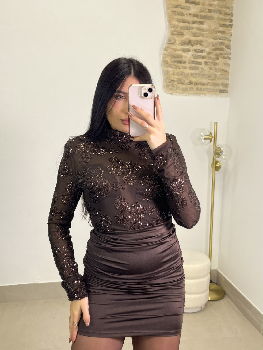 Vestido combinado lentejuela marron