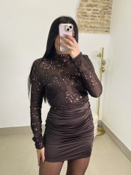 Vestido combinado lentejuela marron