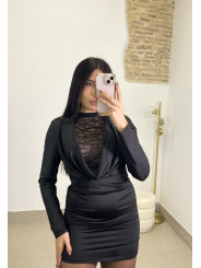 Vestido escote drapeado detalle encaje