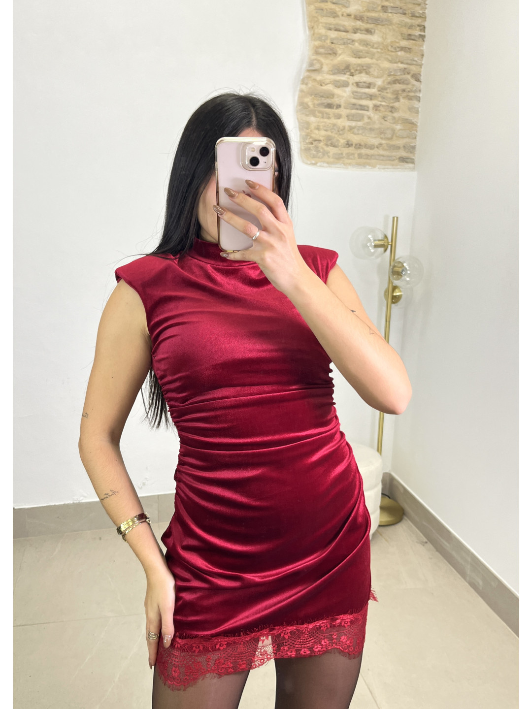 vestido mini terciopelo encaje rojo