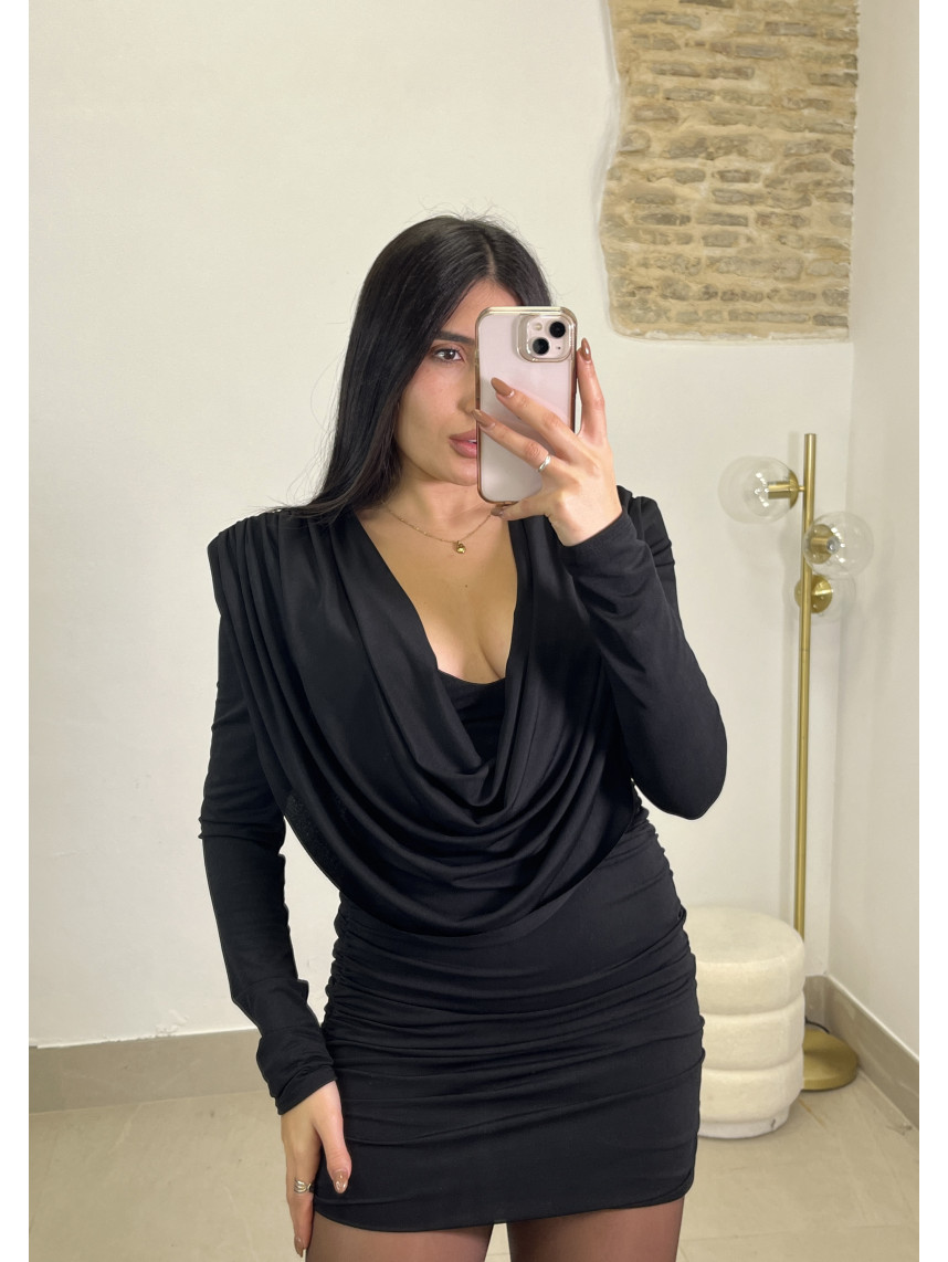 Vestido mini escote drapeado negro