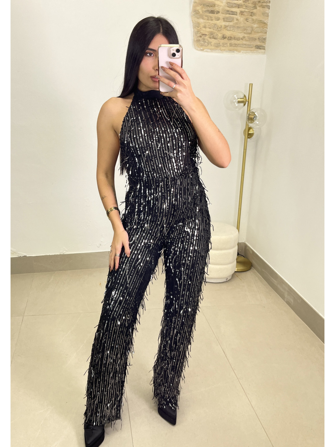 Mono cuello halter lentejuela negro