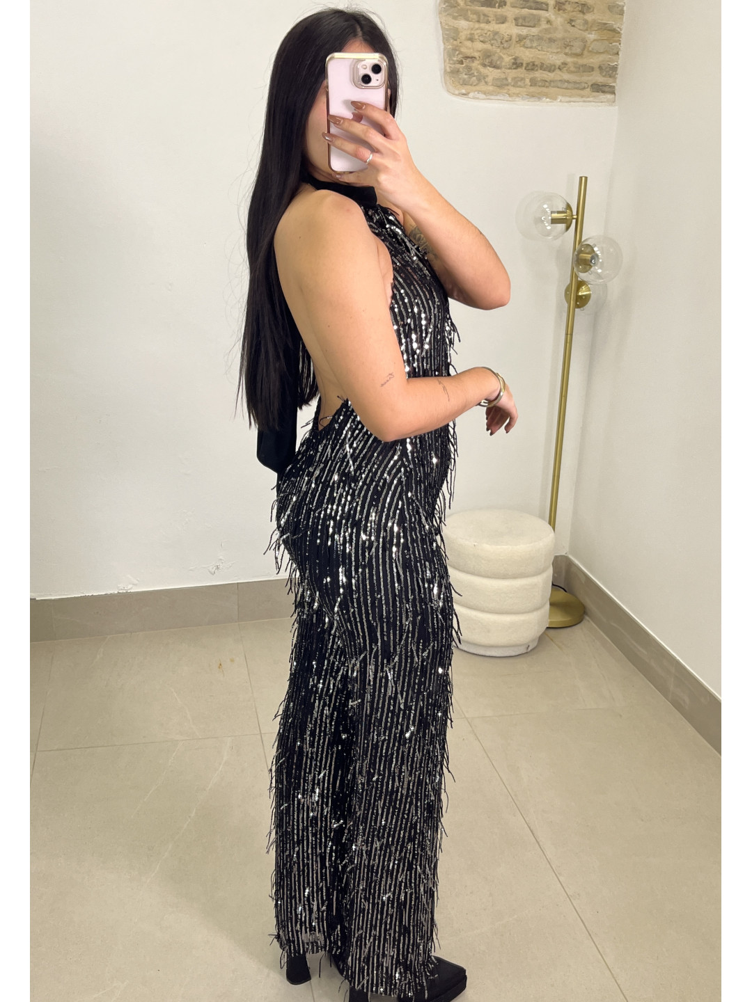 Mono cuello halter lentejuela negro