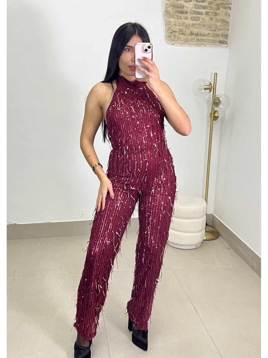 Mono cuello halter lentejuela tinto