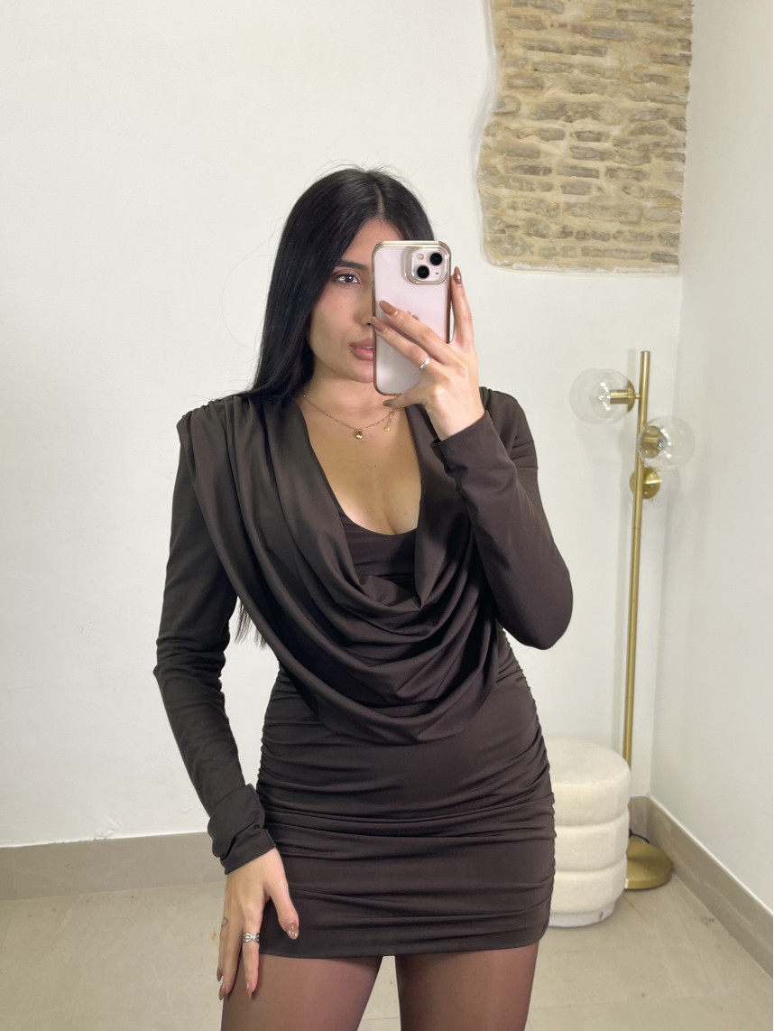 Vestido mini escote drapeado marron