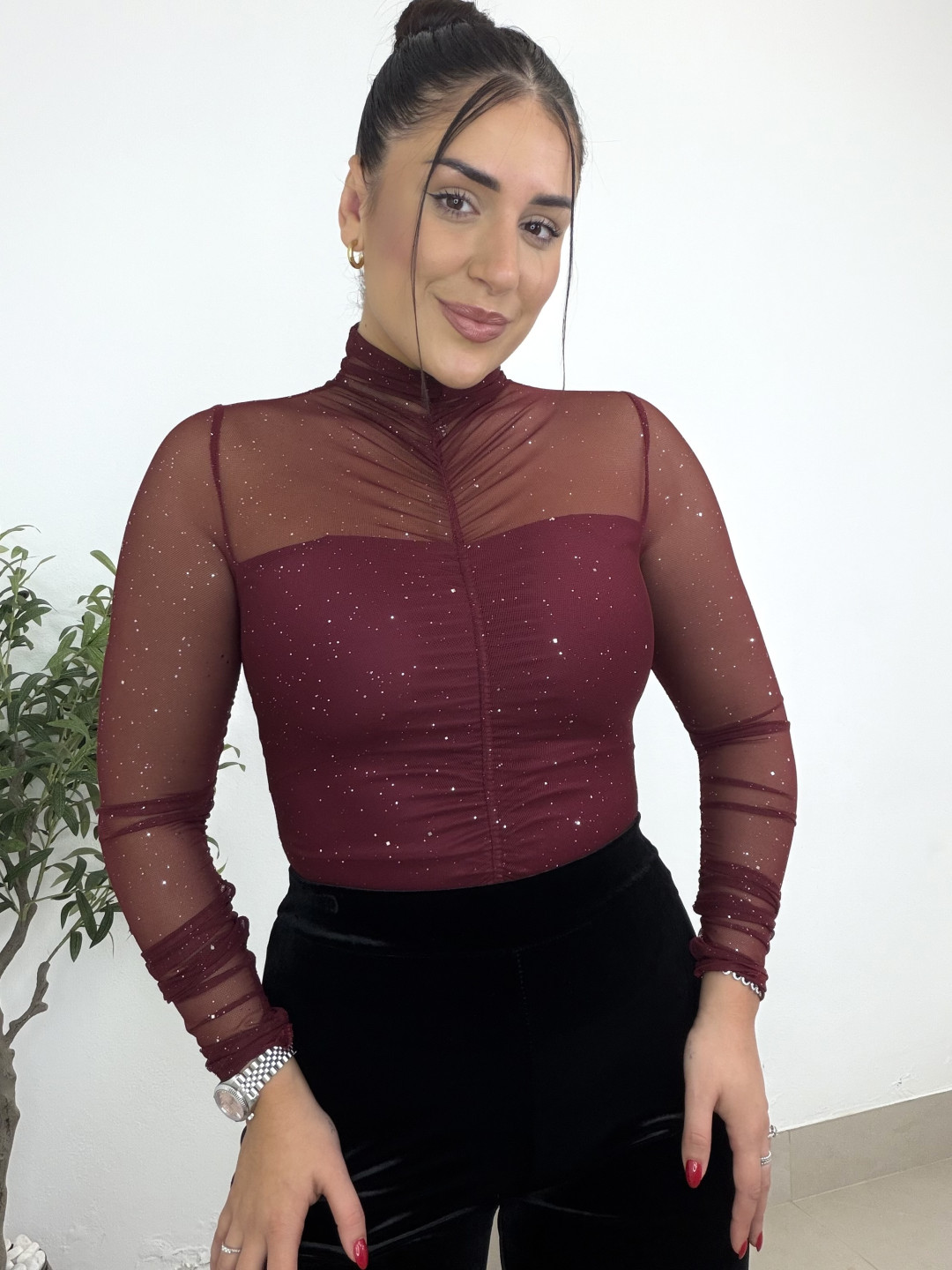 Top drapeado destellos tinto