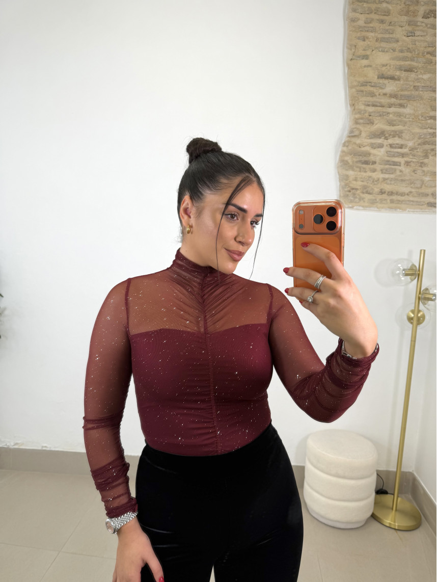 Top drapeado destellos tinto