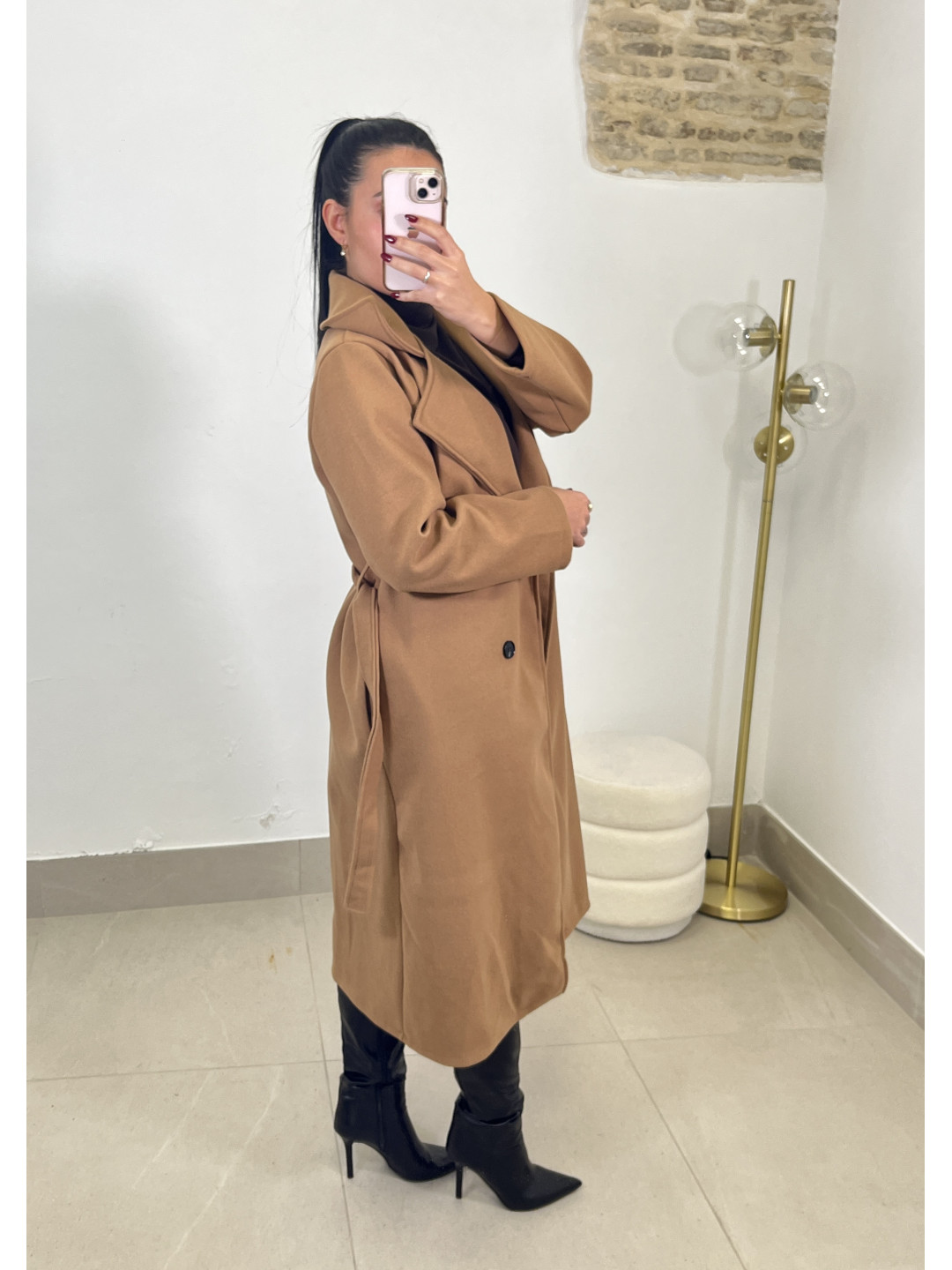 Abrigo paño cinturon camel