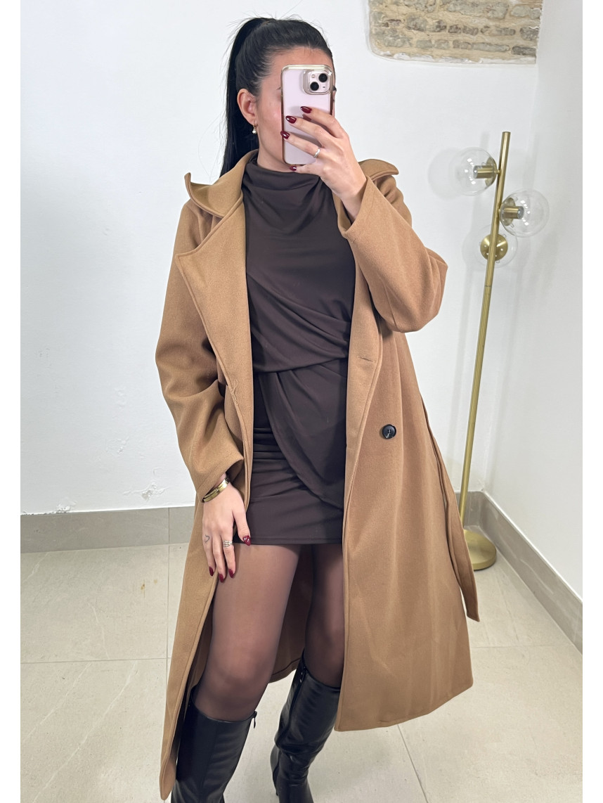 Abrigo paño cinturon camel