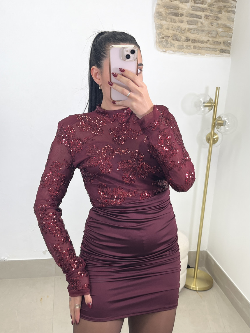 vestido combinado lentejuela tinto