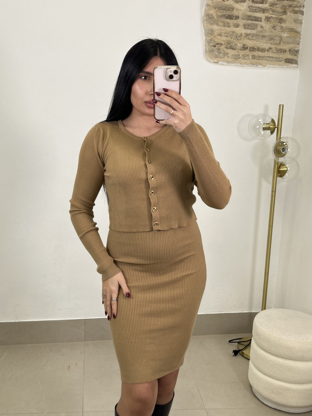 conjunto punto dos piezas vestido camel