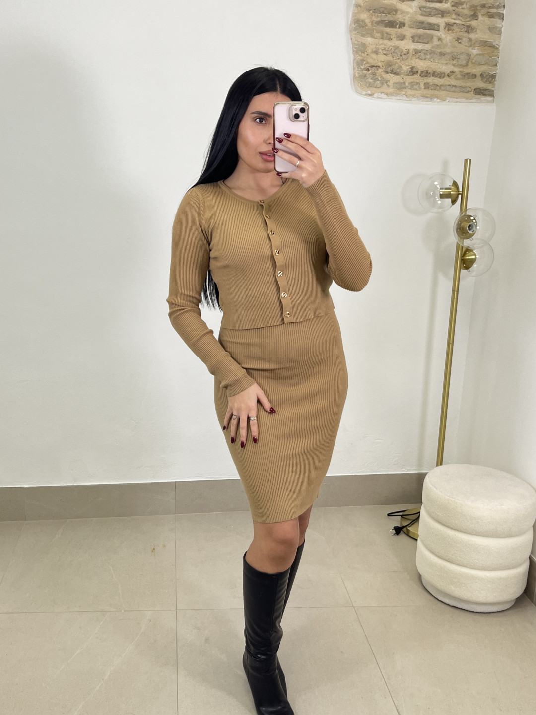 conjunto punto dos piezas vestido camel