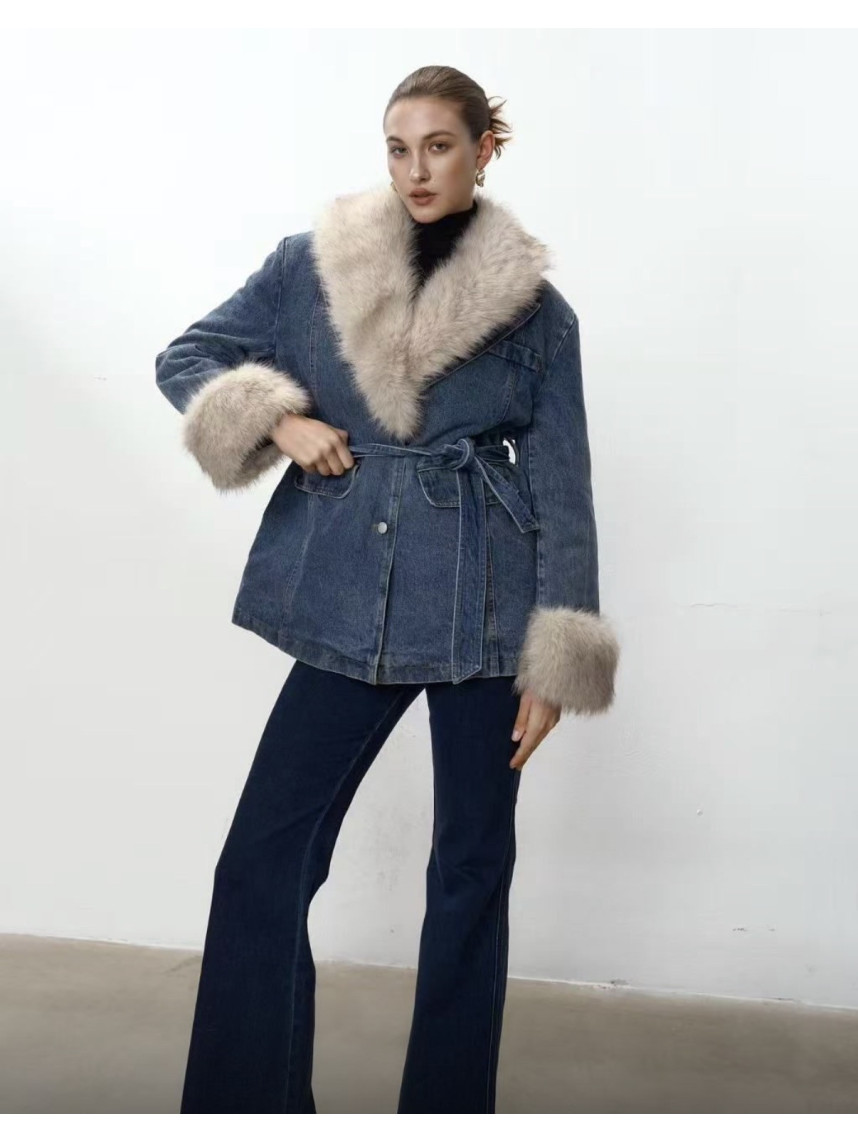 Abrigo denim cuello pelos