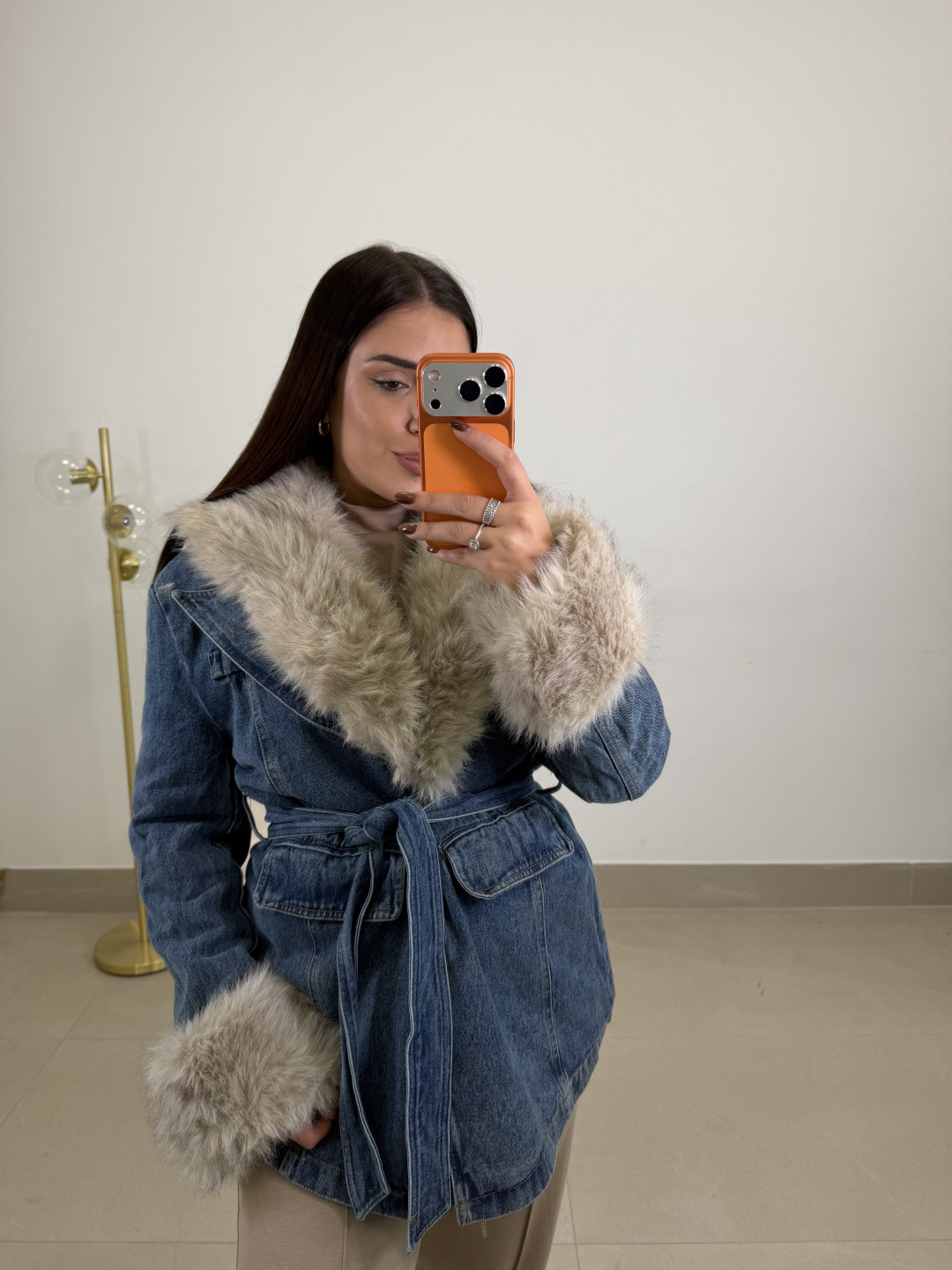 Abrigo denim cuello pelos