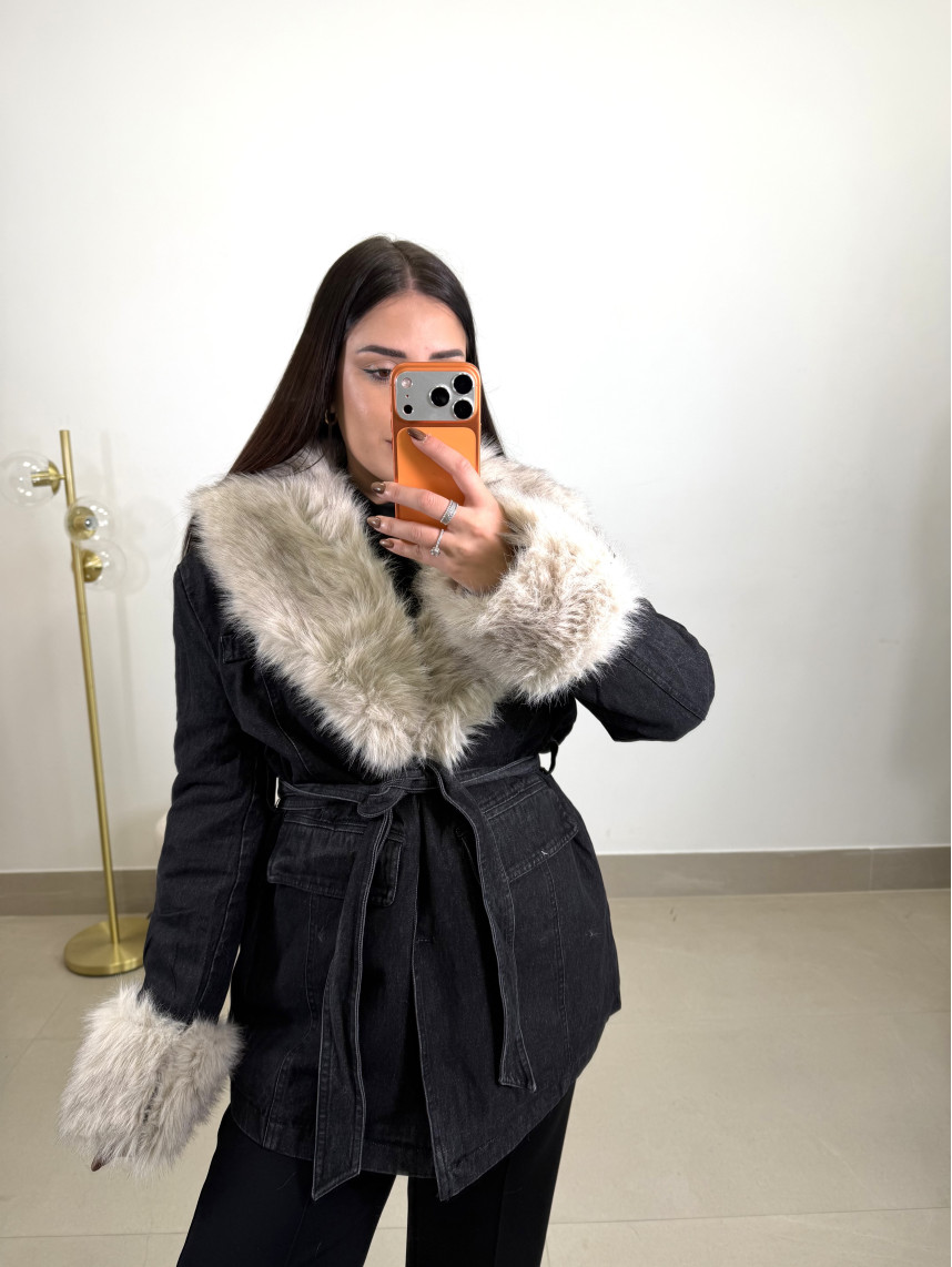 Abrigo denim cuello pelos