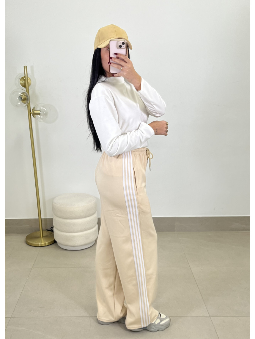 Pantalon felpa rayas laterales vainilla