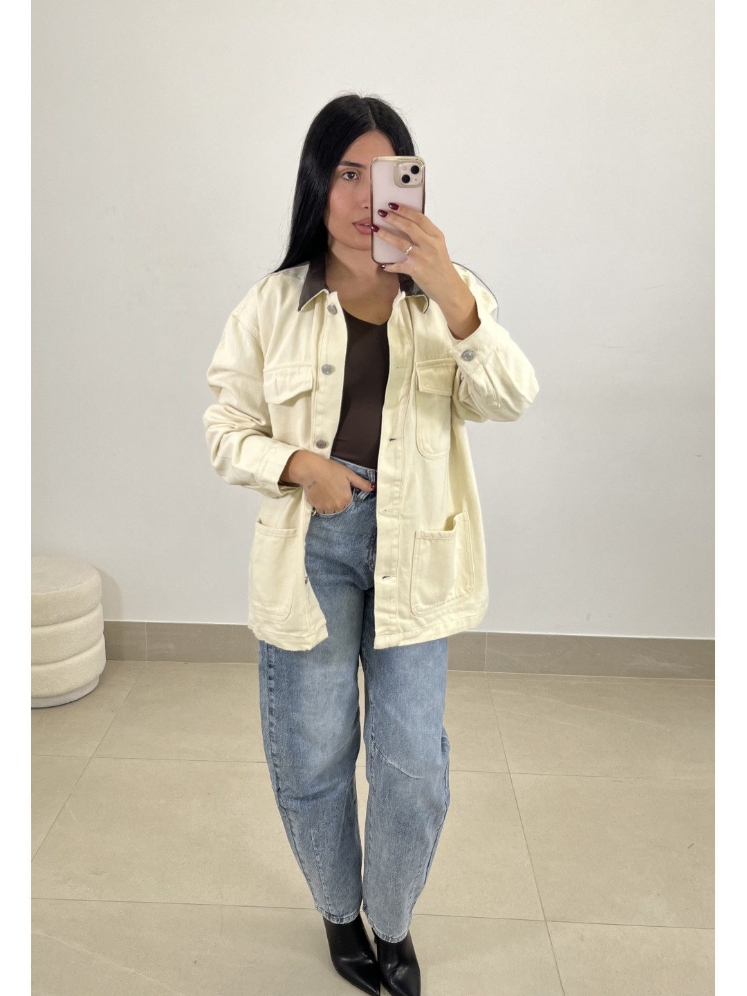 Chaqueta combinada cuello polipiel oversize