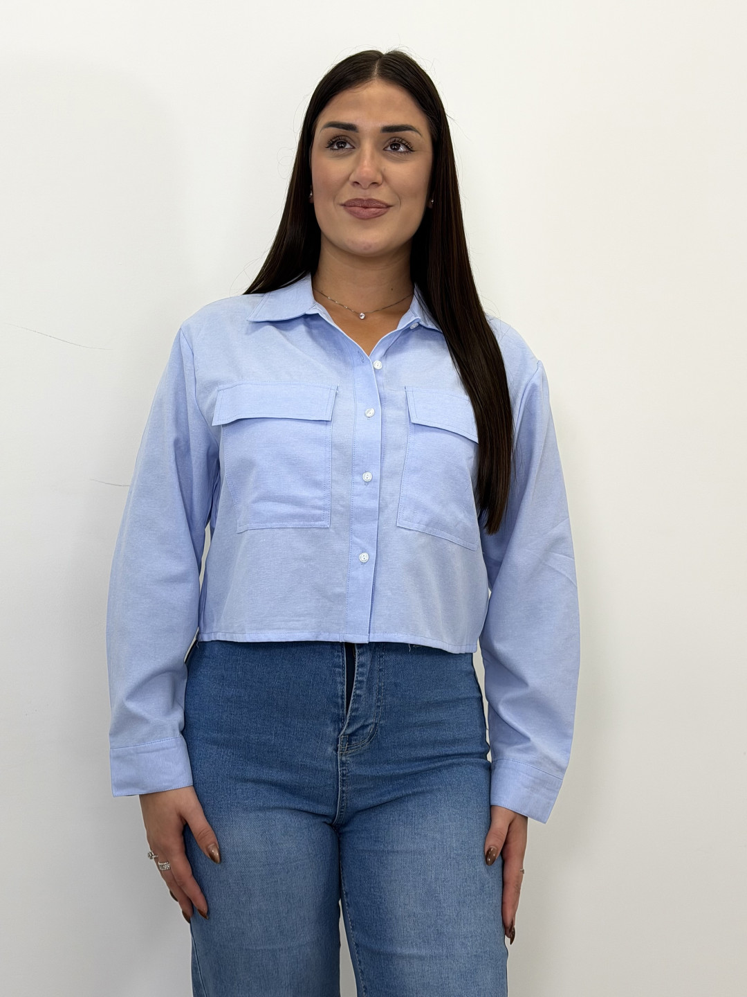 Camisa crop oxford celeste