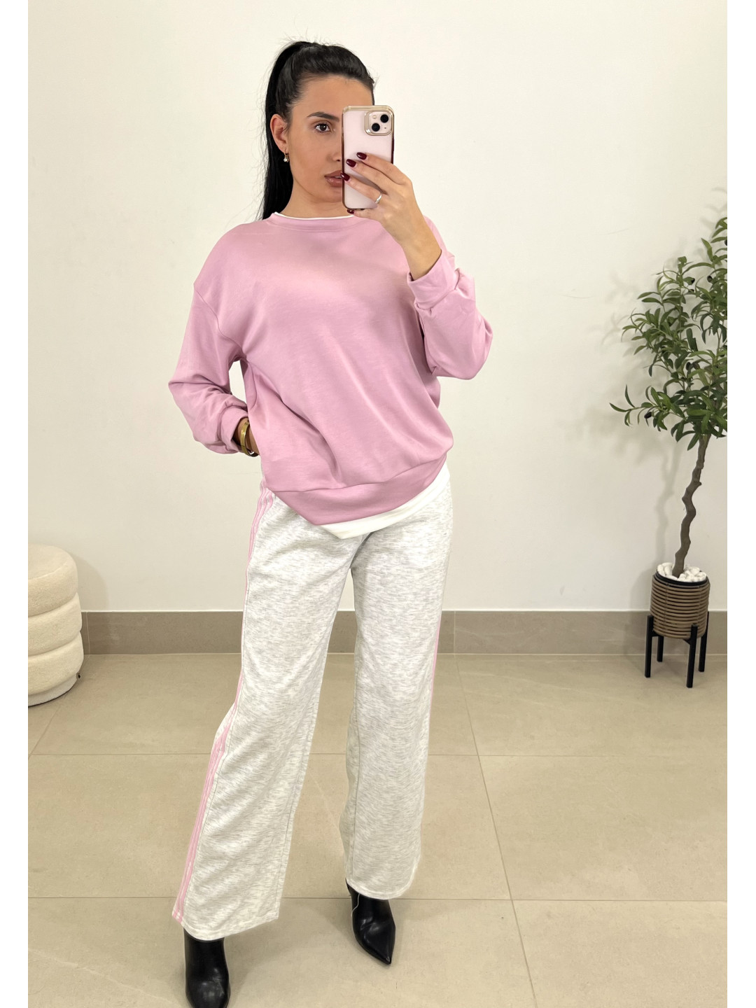 Pantalon felpa raya rosa