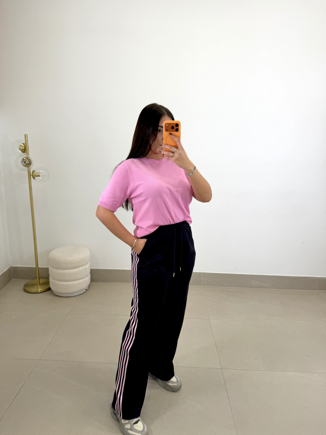 Pantalon felpa raya rosa