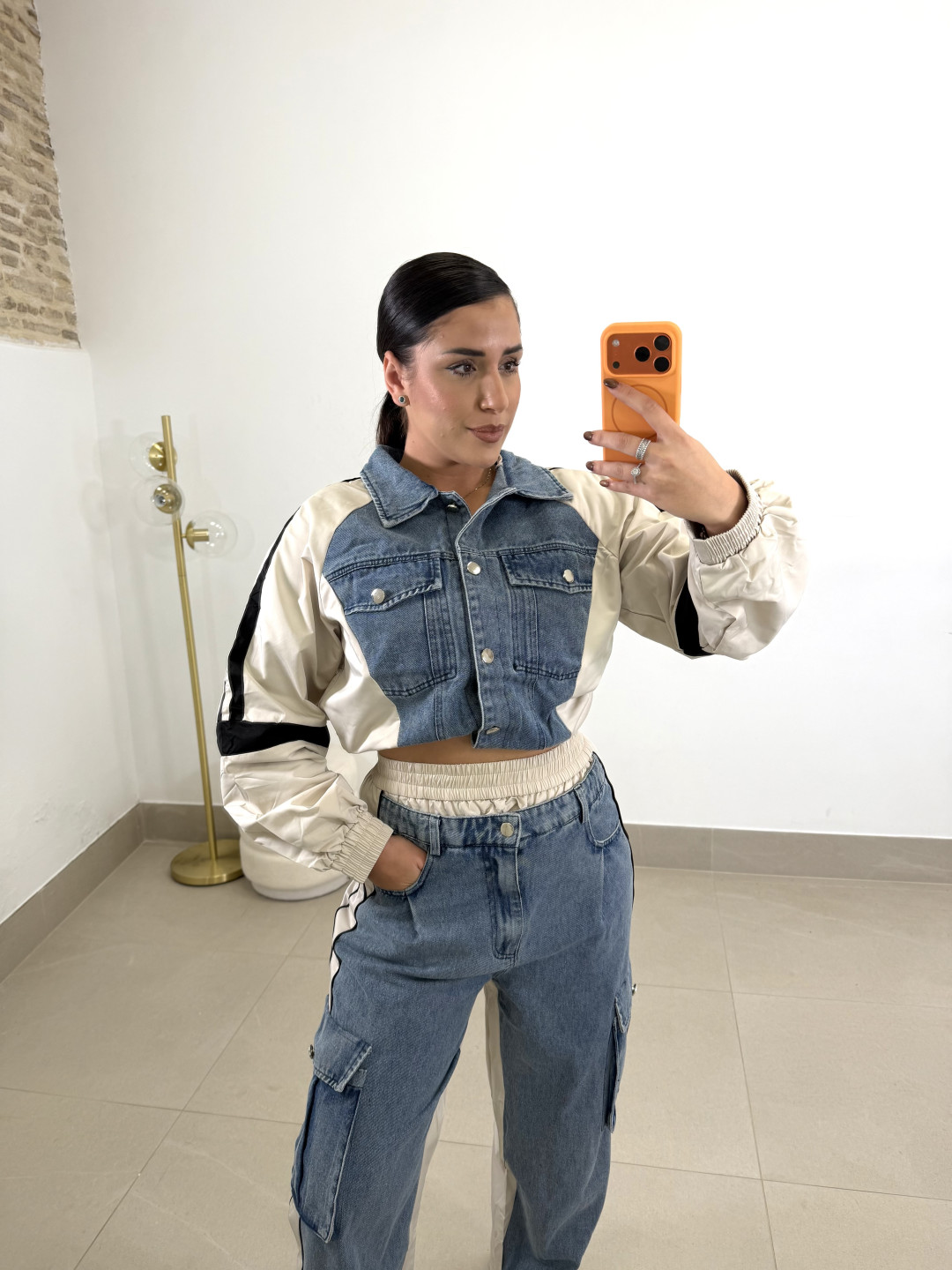 conjunto combinado denim camel