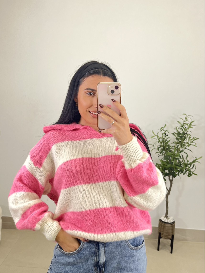 Jersey polero rayas rosa/beige