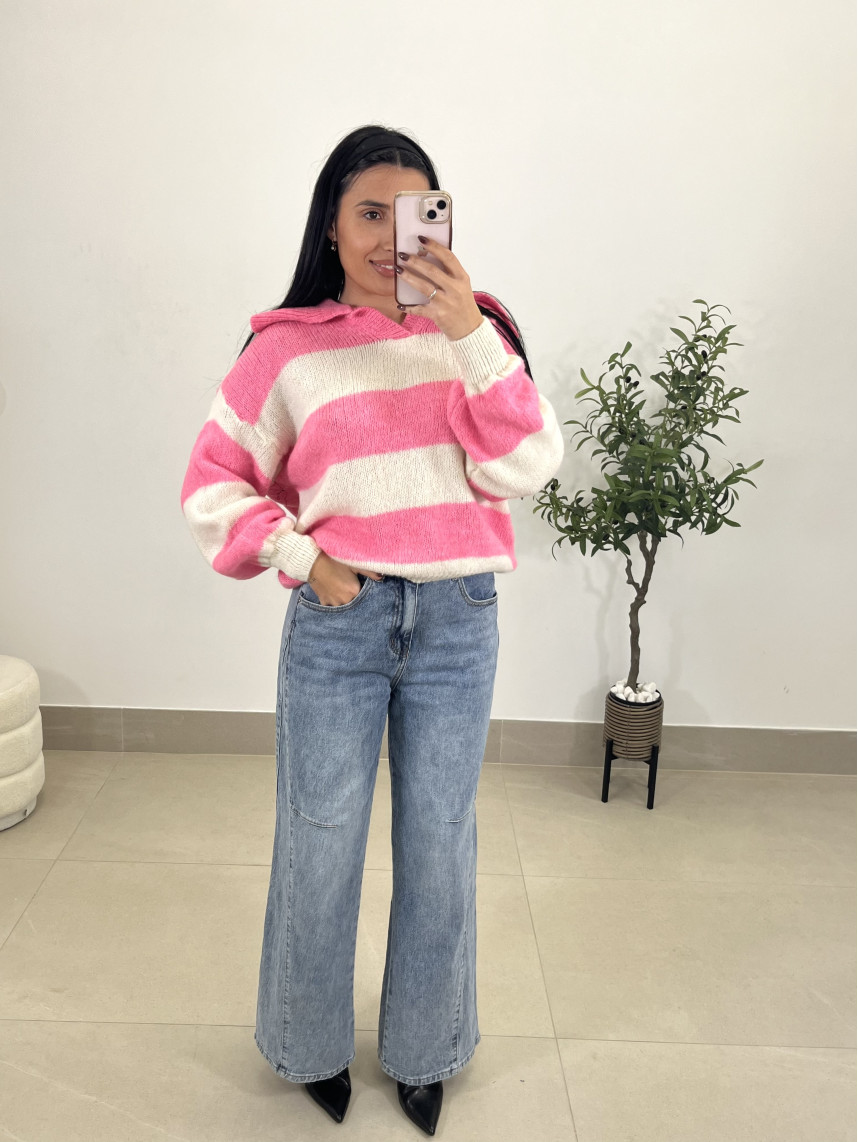 Jersey polero rayas rosa/beige