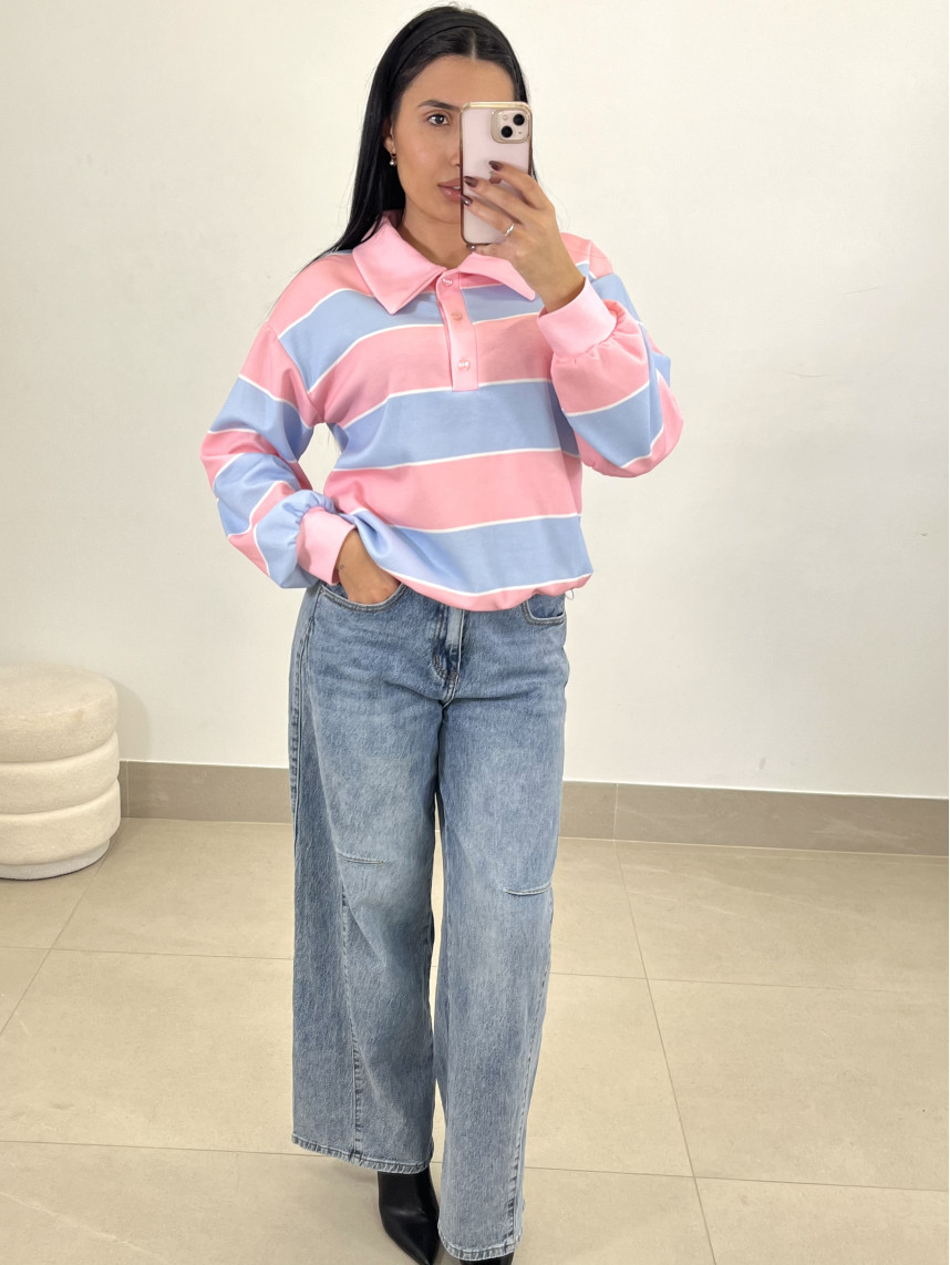 Polo fruncido rayas rosa