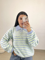 Jersey rayas polero botones celeste/verde agua