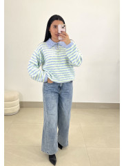 Jersey rayas polero botones celeste/verde agua