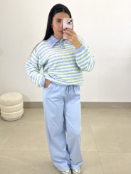 Jersey rayas polero botones celeste/verde agua