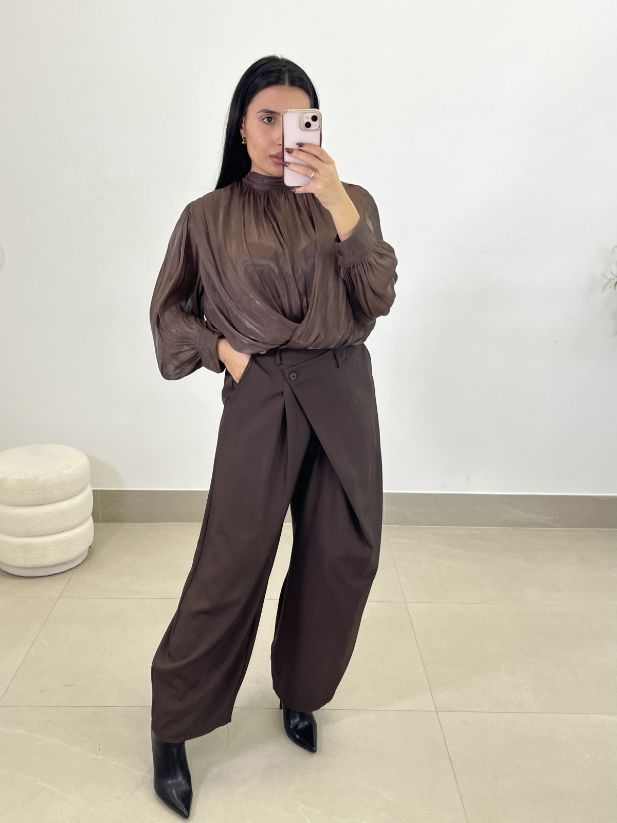 pantalon barrel cierre viral marron