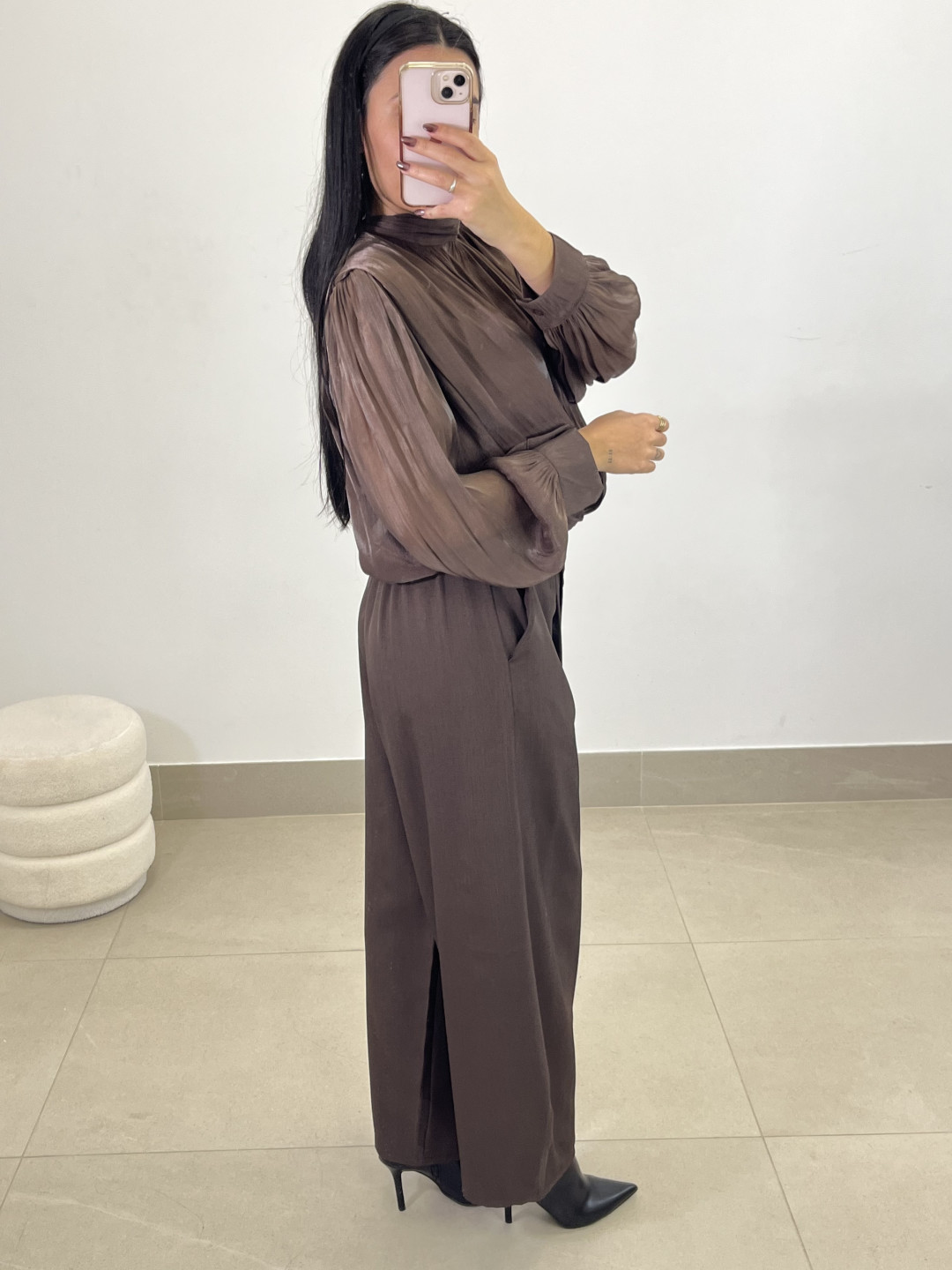 pantalon barrel cierre viral marron