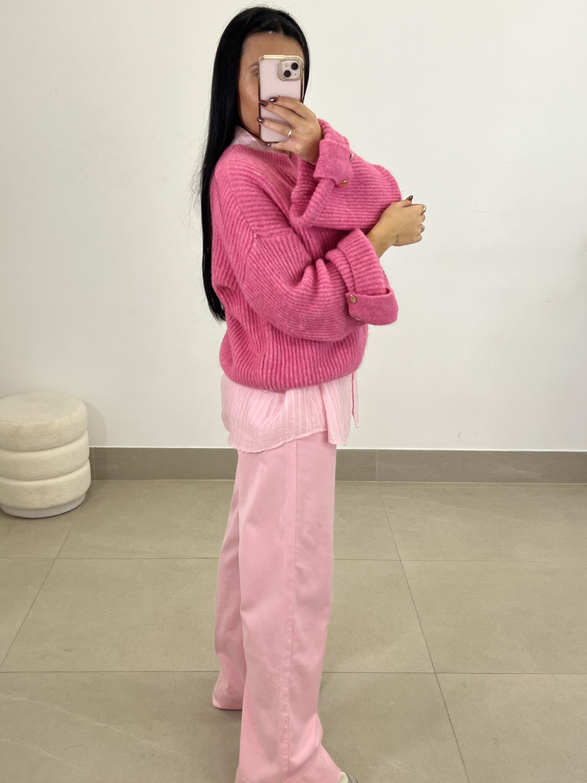 Pantalon fluido tipo denim rosa