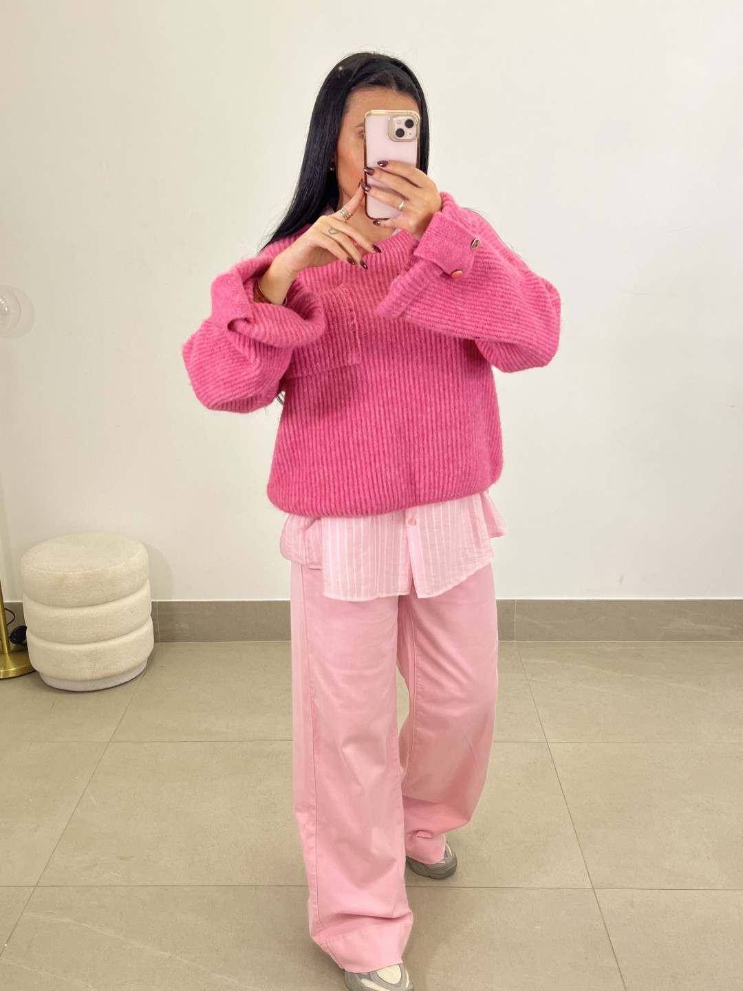 Pantalon fluido tipo denim rosa