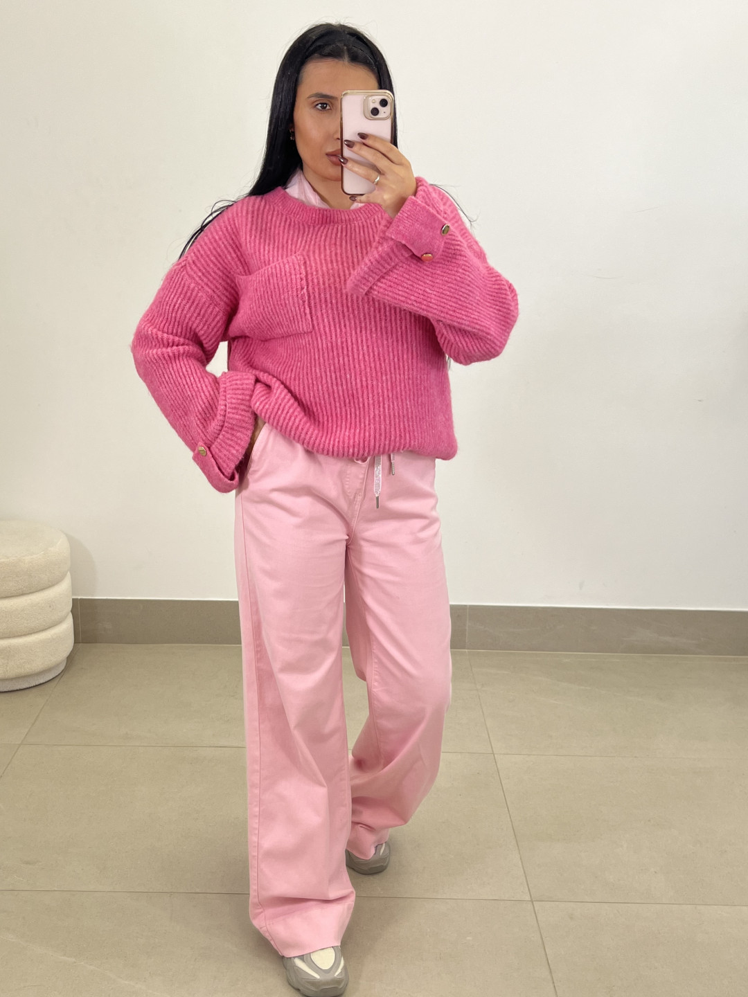 Pantalon fluido tipo denim rosa