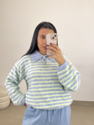 Jersey rayas polero botones celeste/verde agua