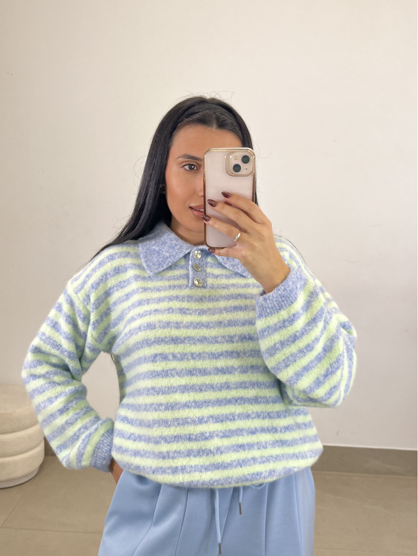 Jersey rayas polero botones celeste/verde agua