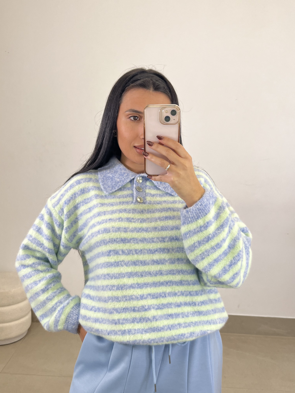 Jersey rayas polero botones celeste/verde agua