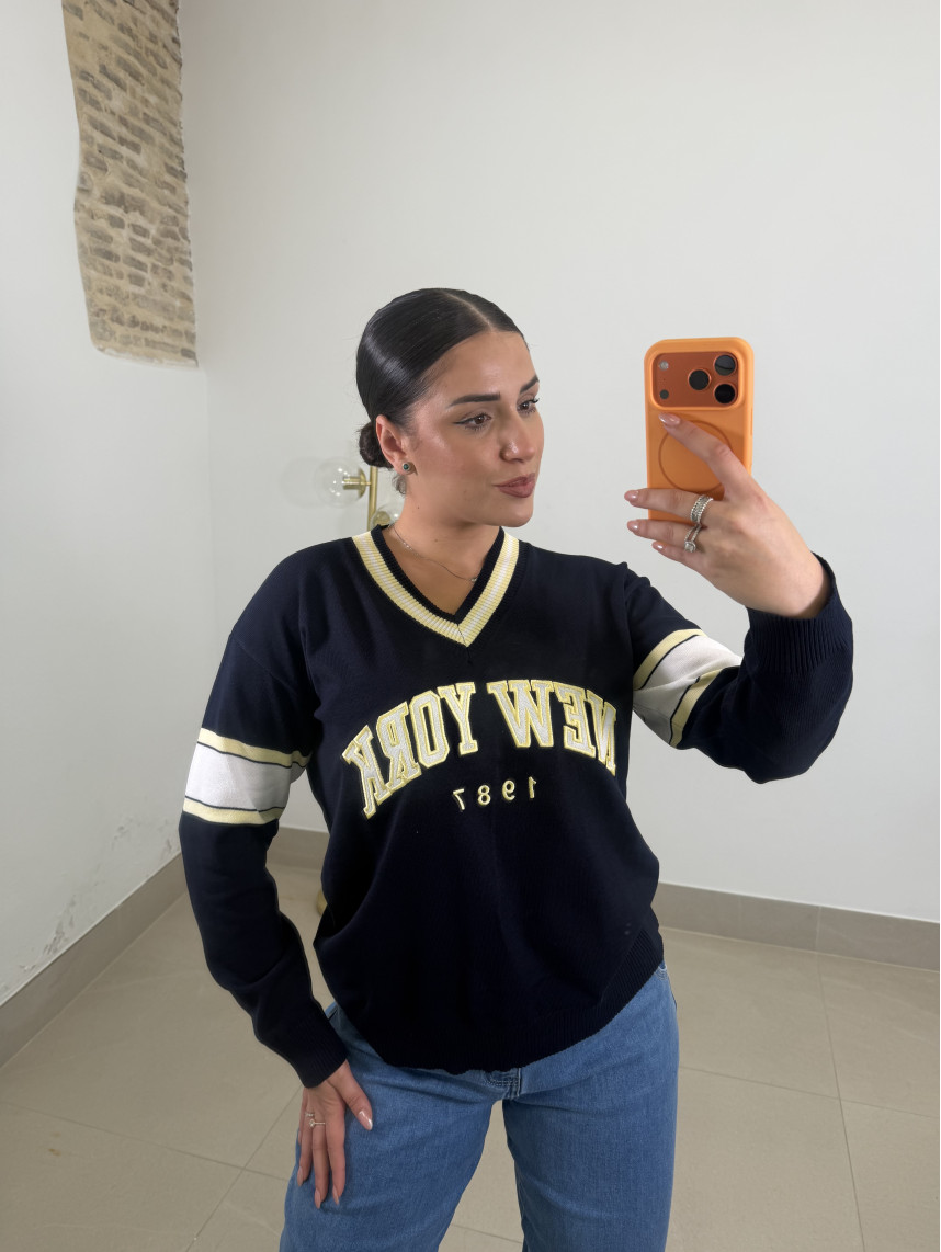 Jersey escote pico new york azul/amarillo