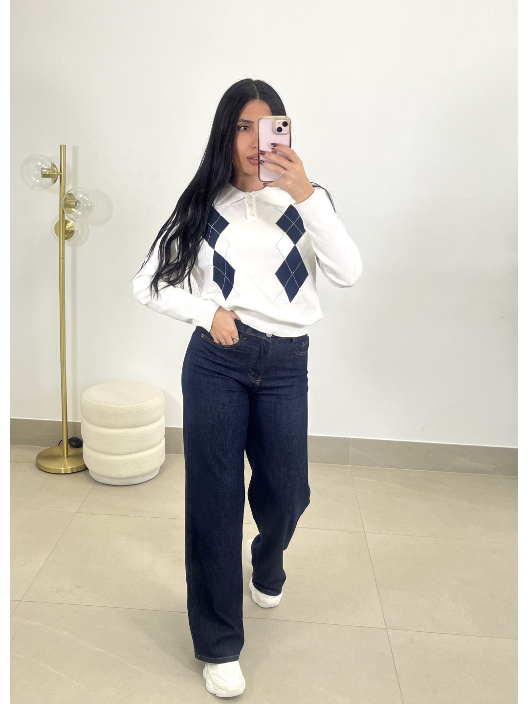 jersey punto botones rombos blanco