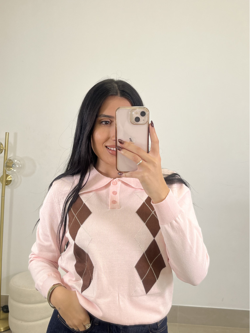 Jersey punto botones rombo rosa