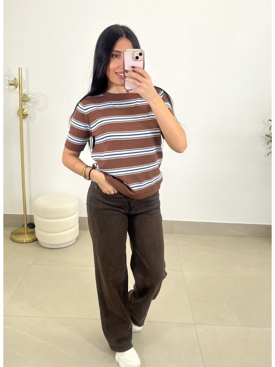 camiseta punto rayas marron